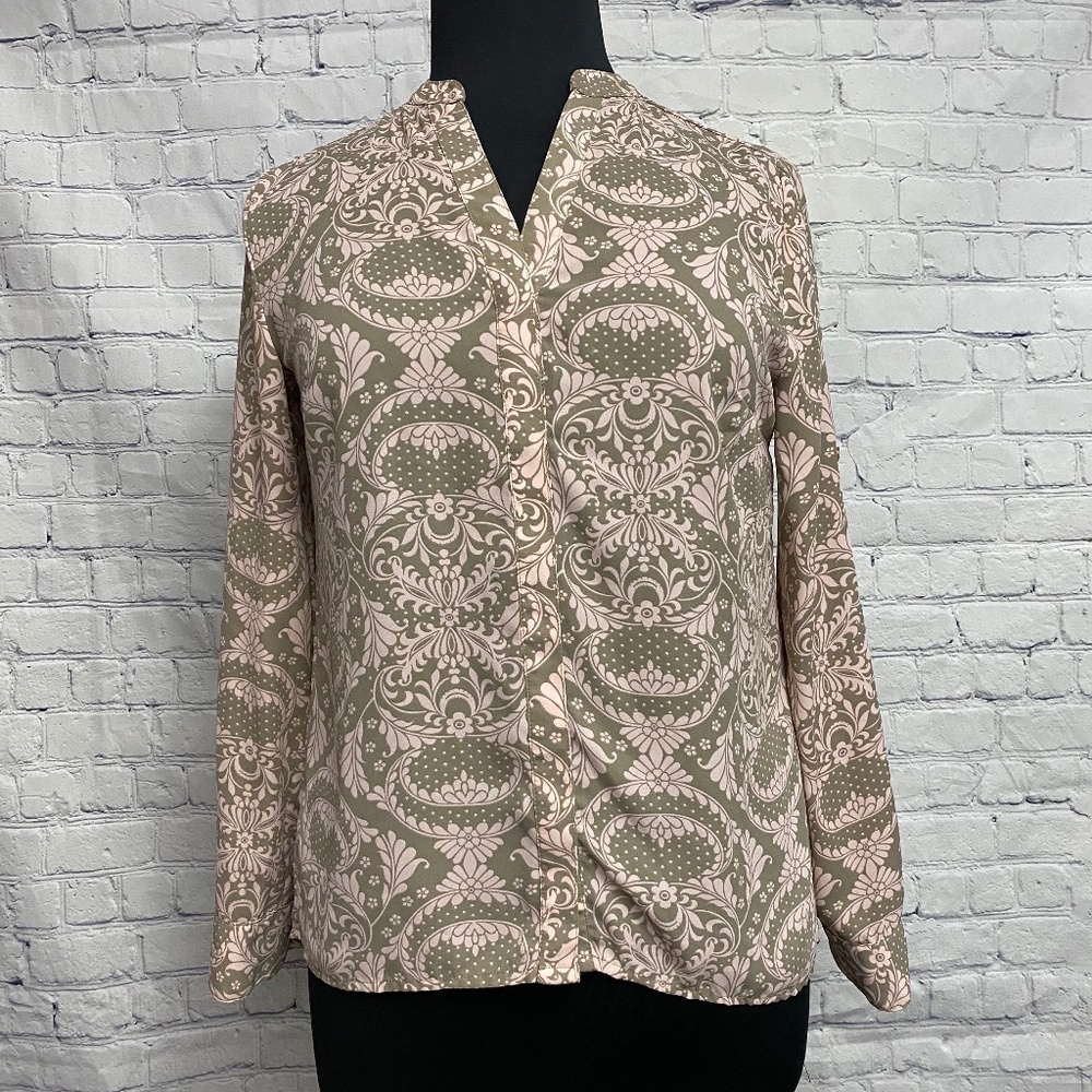 NY & Co khaki and pink button down blouse